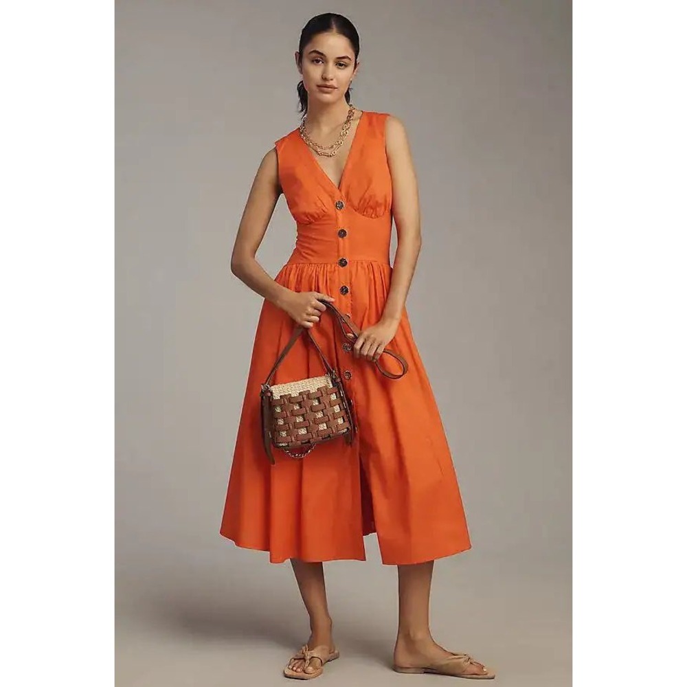 Anthropologie Hutch Orange V-Neck Sleeveless Midi Dress Gold Buttons